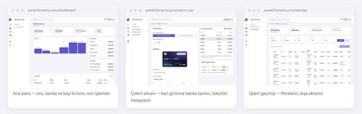 Bitech Tahsilat ana pano, çekim ve işlem geçmişi ekranları