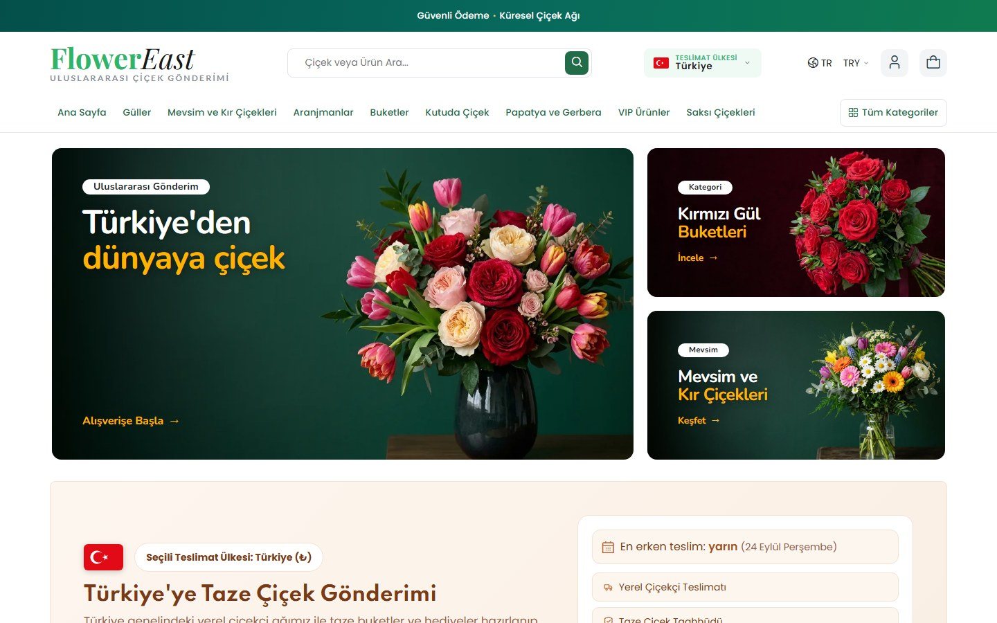 Flower East uluslararası çiçek gönderimi platformu ana sayfası